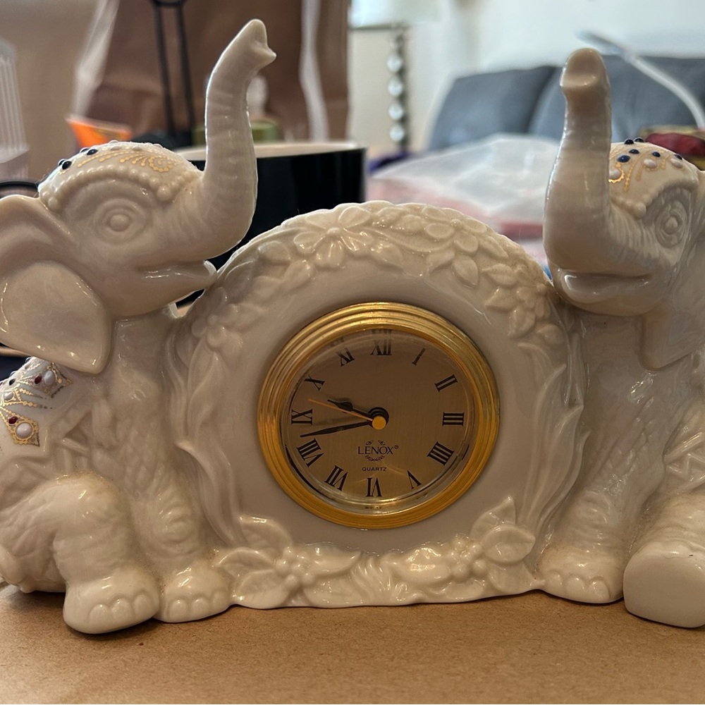 Lenox White Elephant Clock with Gold Face
